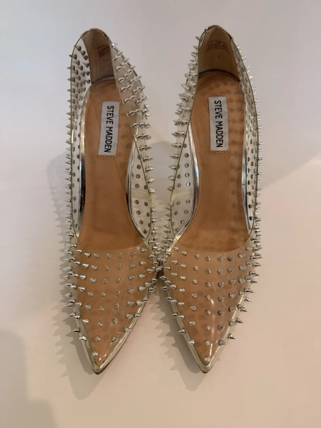 Steve Madden Vala带钉透明高跟鞋银色铆钉高跟鞋女式10码-