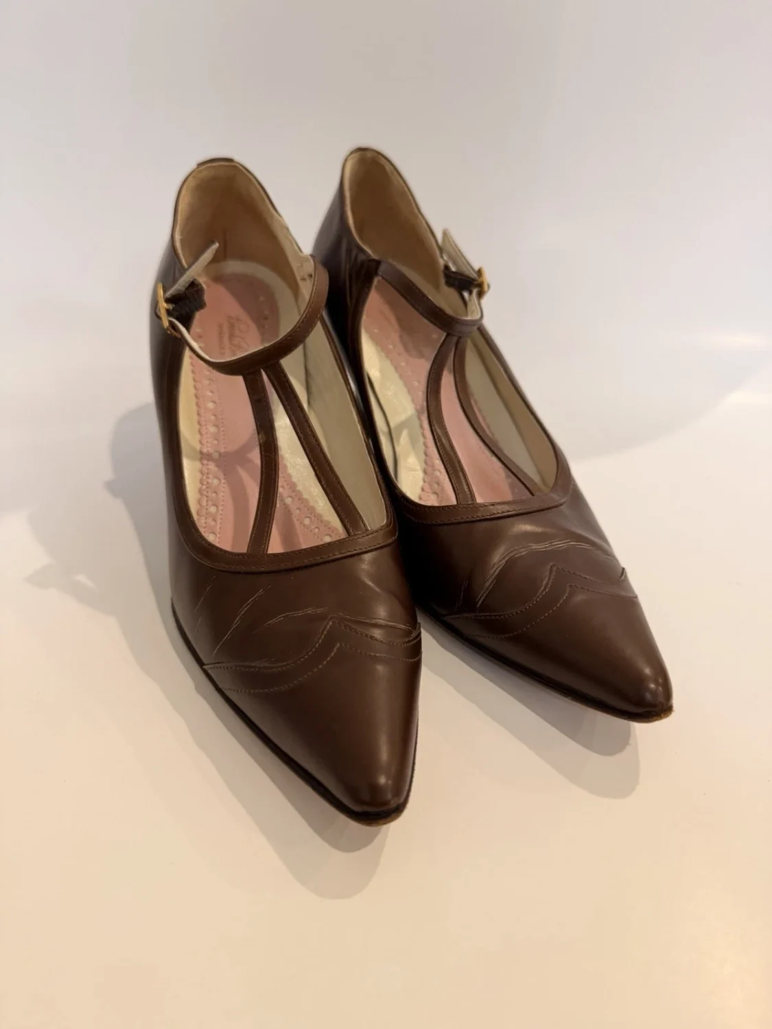 复古 Brooks Brothers 棕色皮革 T 系带高跟鞋意大利尖头高跟鞋 5.5-