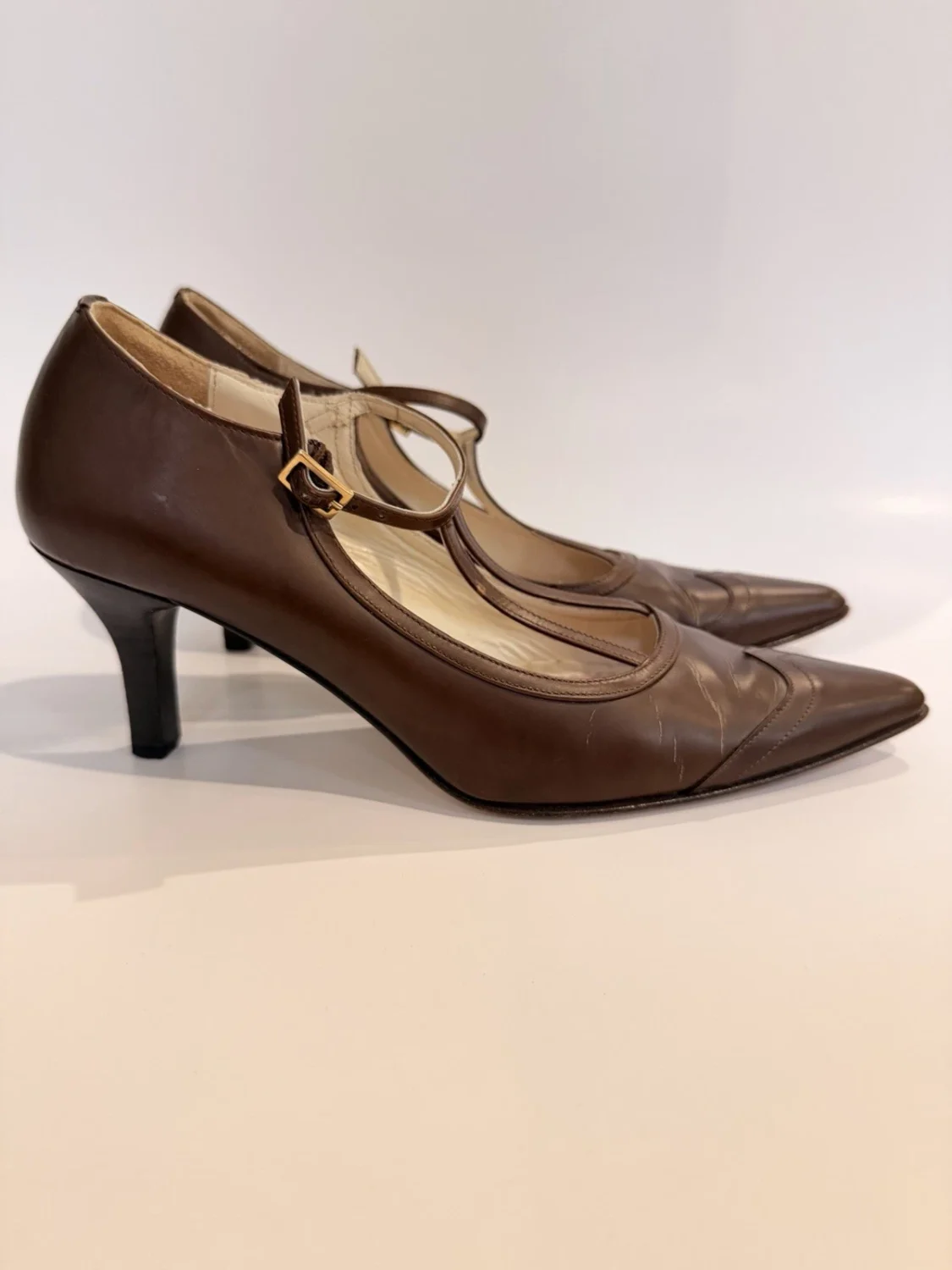 复古 Brooks Brothers 棕色皮革 T 系带高跟鞋意大利尖头高跟鞋 5.5-