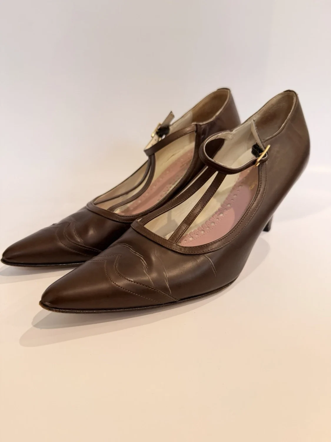 复古 Brooks Brothers 棕色皮革 T 系带高跟鞋意大利尖头高跟鞋 5.5-