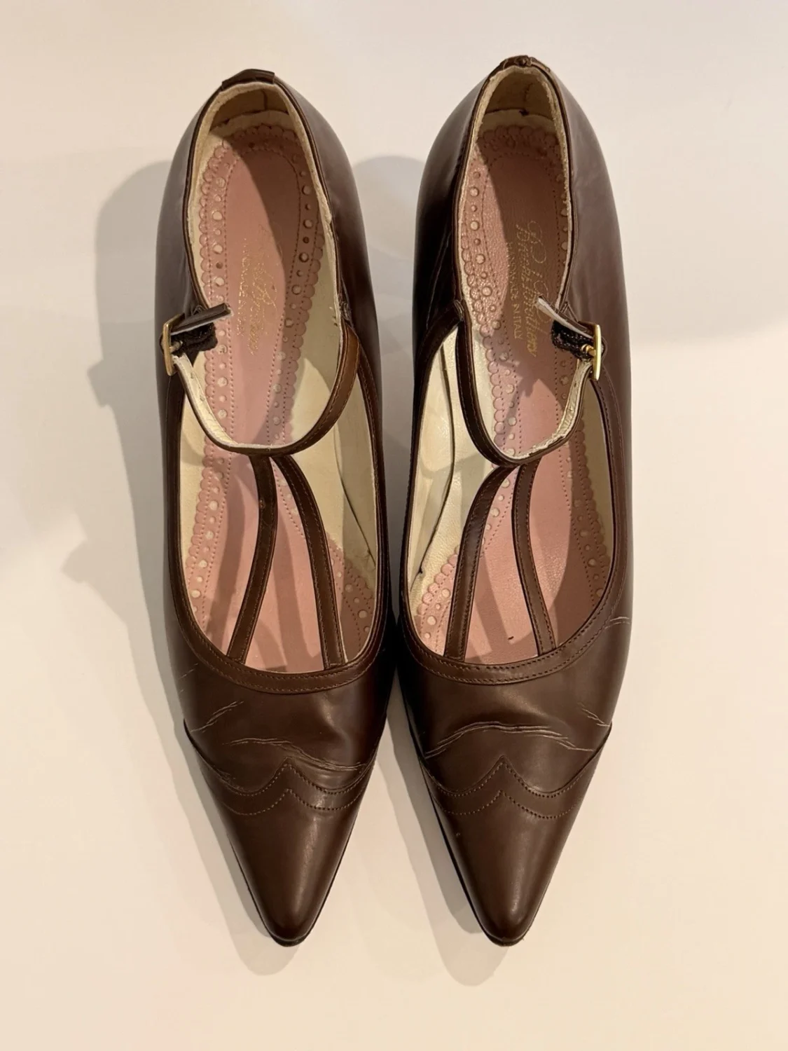 复古 Brooks Brothers 棕色皮革 T 系带高跟鞋意大利尖头高跟鞋 5.5-