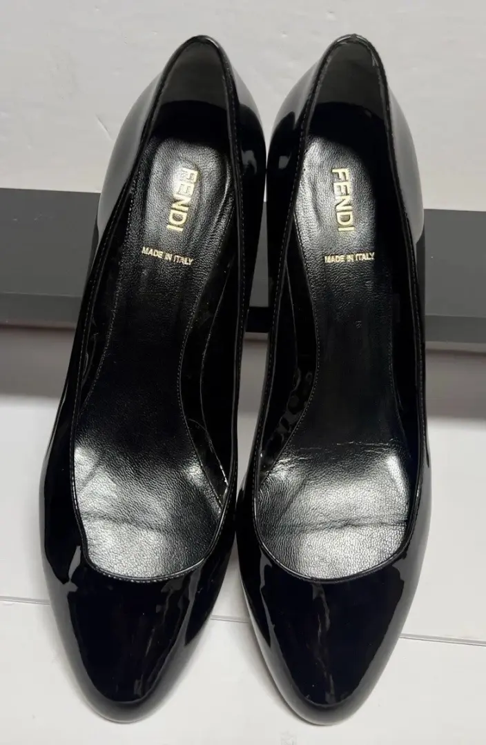 复古 FENDI Y2K 搪瓷中跟鞋黑色漆皮木纹小猫高跟鞋 39.5-