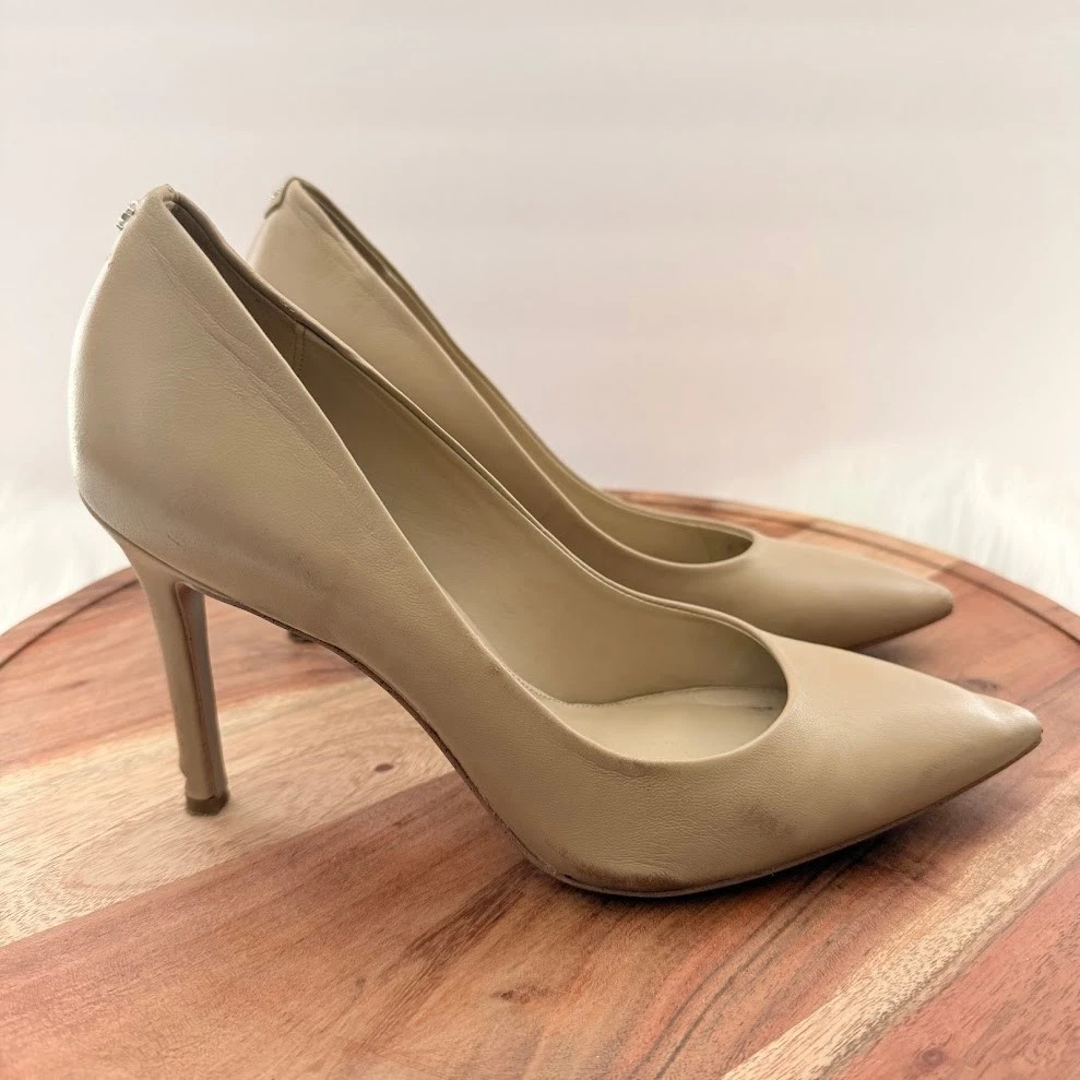 Sam Edelman 女式 7.5 Hazel 尖头皮革高跟鞋米色裸色-