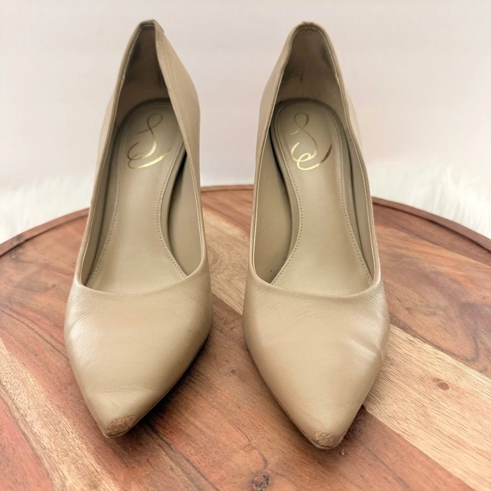 Sam Edelman 女式 7.5 Hazel 尖头皮革高跟鞋米色裸色-