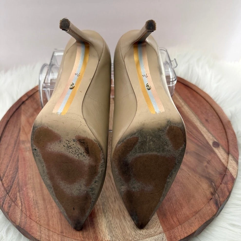 Sam Edelman 女式 7.5 Hazel 尖头皮革高跟鞋米色裸色-
