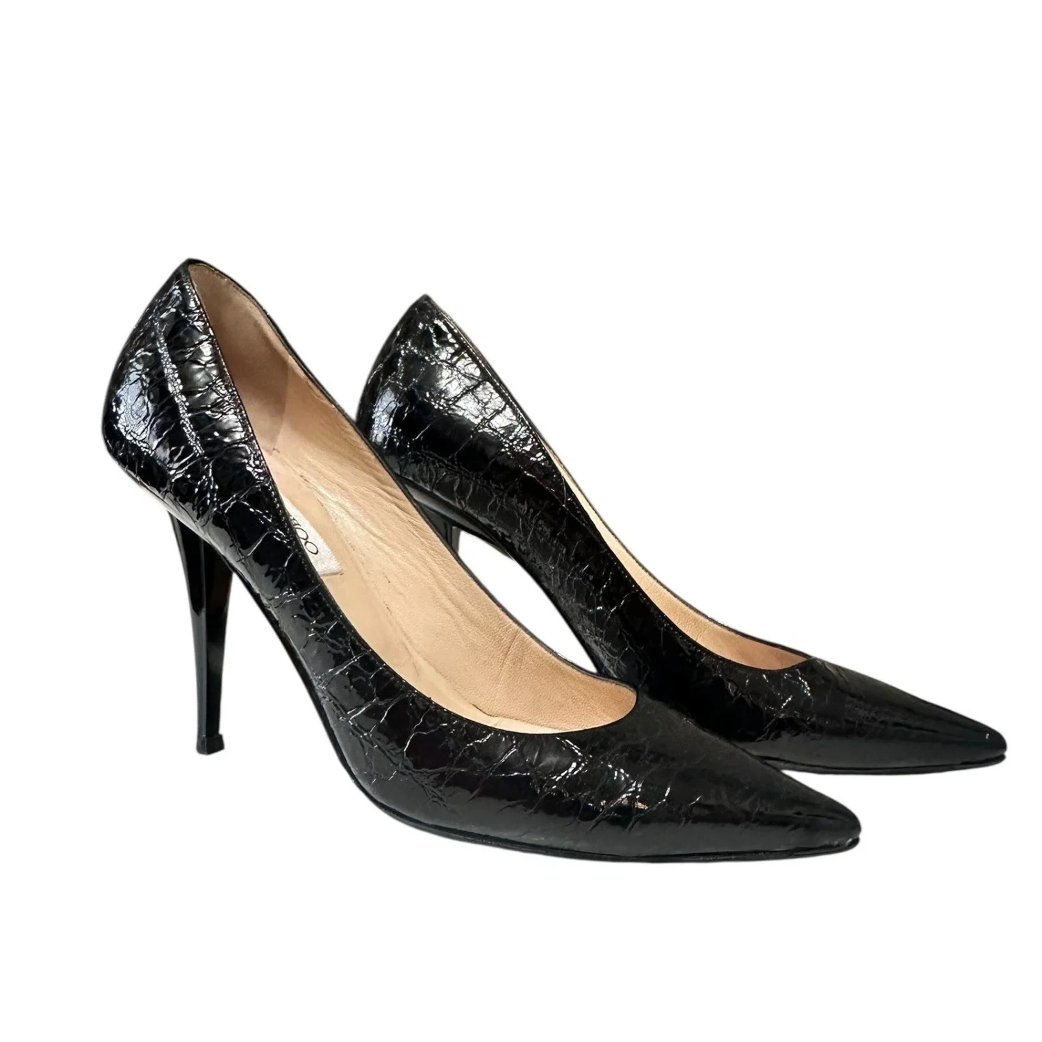 Jimmy Choo 黑色 Croc 压花漆皮尖头高跟鞋 38.5-