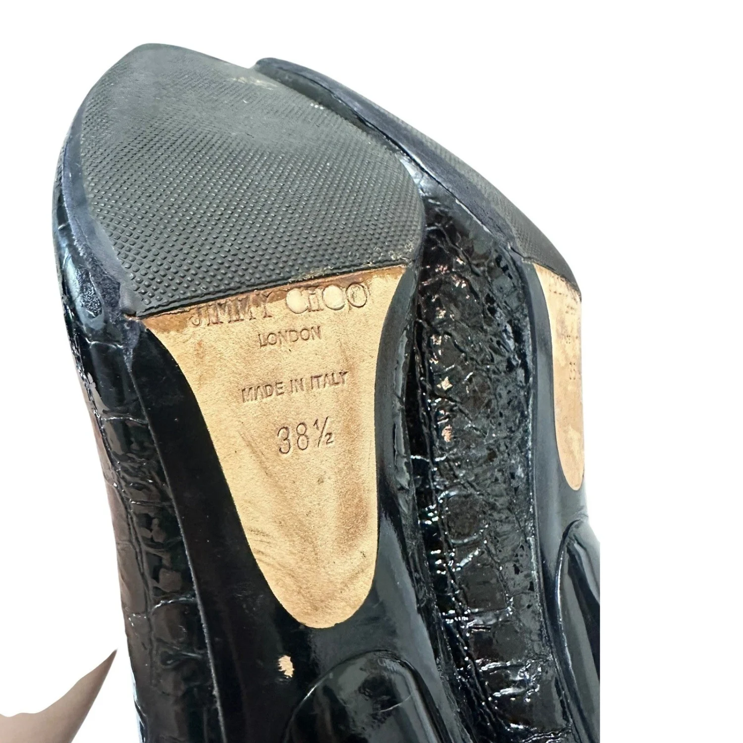 Jimmy Choo 黑色 Croc 压花漆皮尖头高跟鞋 38.5-