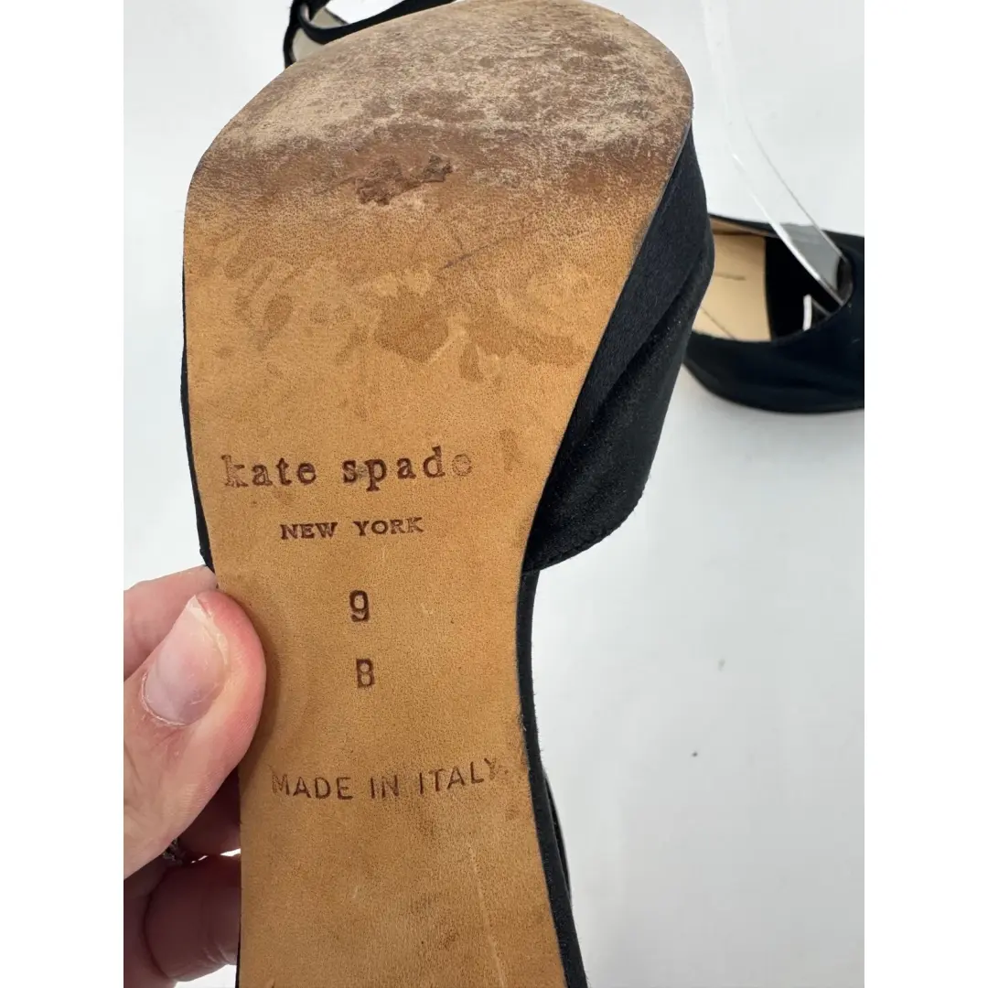 Kate Spade 厚底高跟鞋 女款 9 黑色缎面露趾脚踝带，意大利制造-
