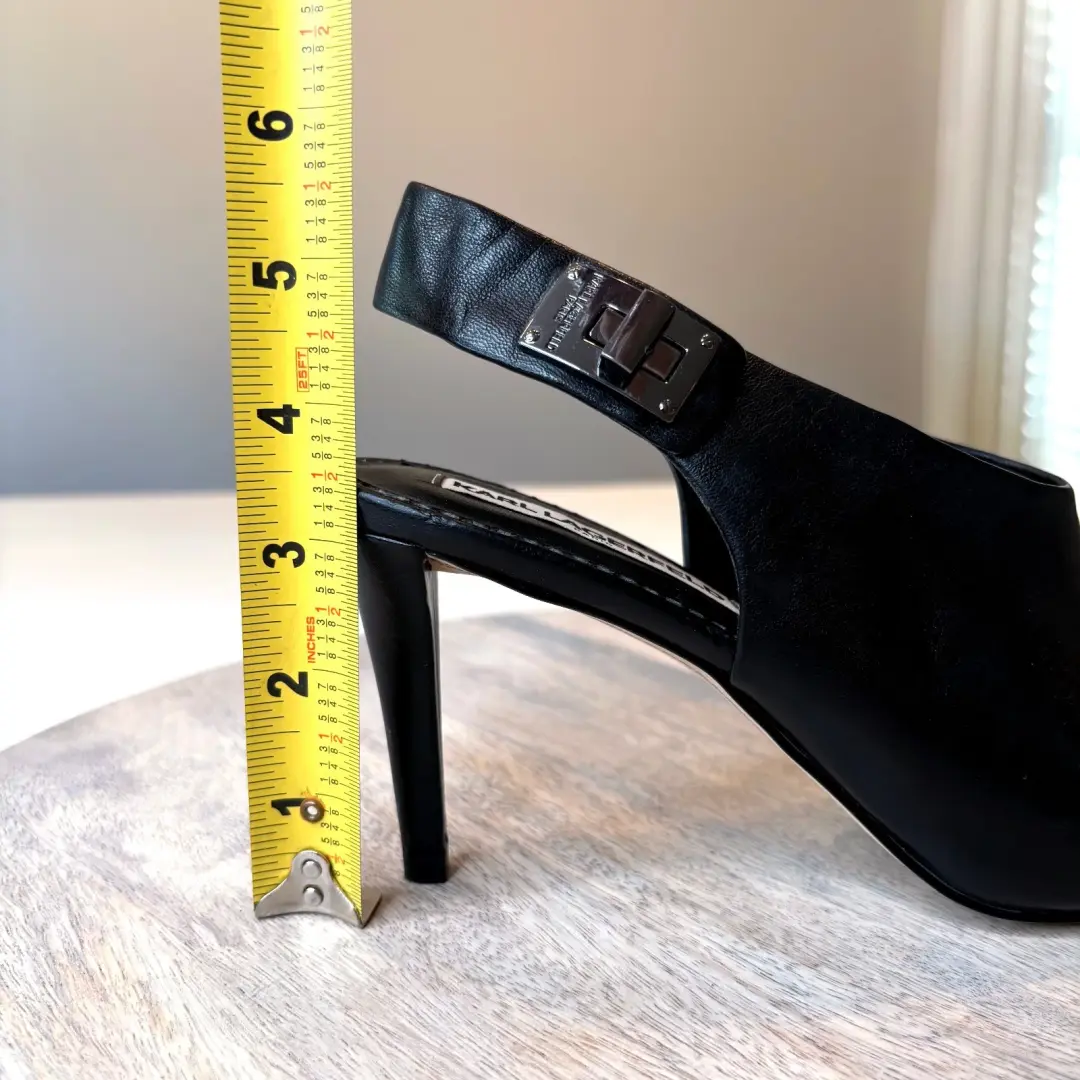 Karl Lagerfeld Paris Maddie 黑色皮革露跟高跟鞋美国尺码 7.5 M-