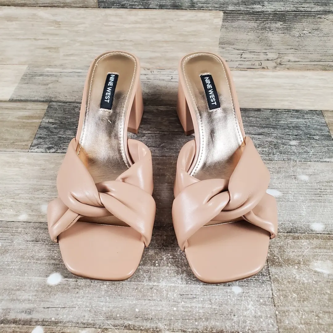Nine West Gather 3 女式凉鞋 7.5 M 码暖腮红皮革懒人粗跟-