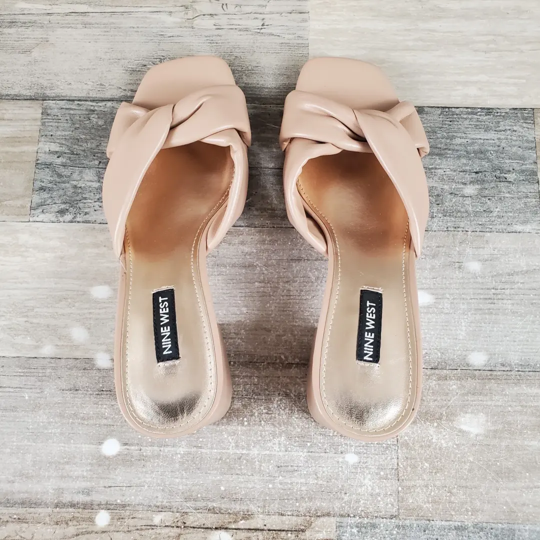 Nine West Gather 3 女式凉鞋 7.5 M 码暖腮红皮革懒人粗跟-