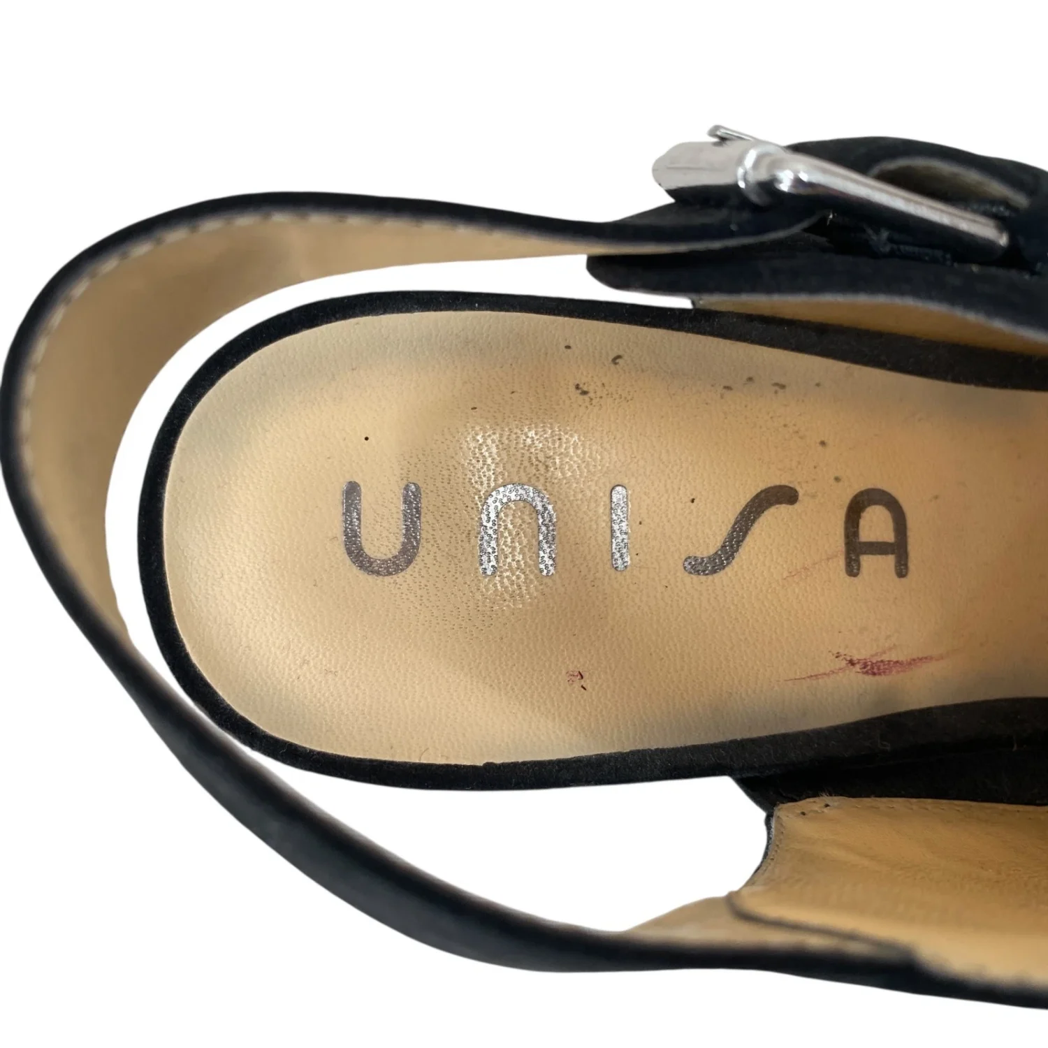 Unisa 女式露趾凉鞋黑色麂皮绒 8.5M 码方跟二手状况完好-