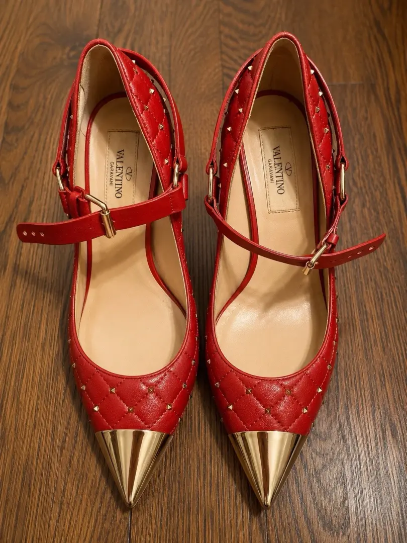 Valentino Garavani 红色铆钉皮革尖头细高跟鞋 7 踝带-
