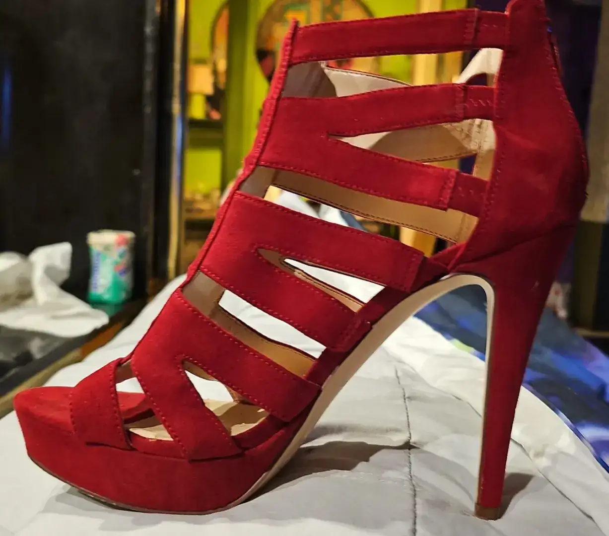 红色 PLATFORM STILETTO HEELS 绑带露趾 5 英寸高跟鞋 9M 码-