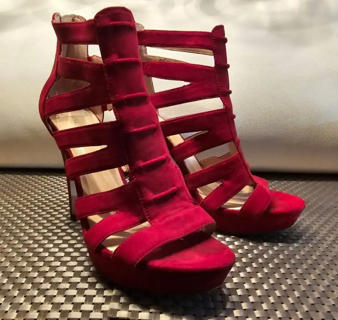 红色 PLATFORM STILETTO HEELS 绑带露趾 5 英寸高跟鞋 9M 码-