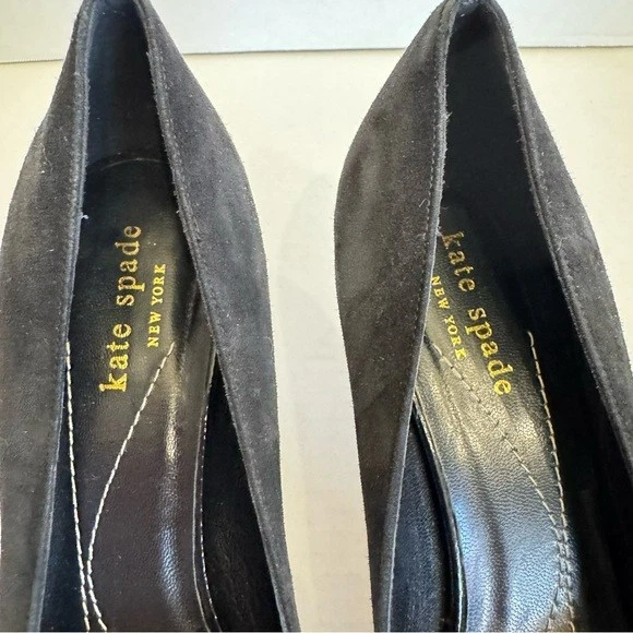 Kate Spade Bertie 露趾高跟鞋 7.5 黑色麂皮绒花朵蝴蝶结经典高跟鞋-