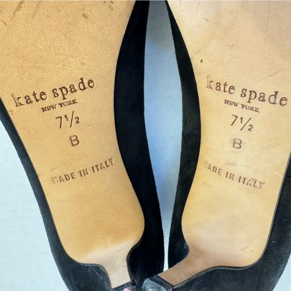 Kate Spade Bertie 露趾高跟鞋 7.5 黑色麂皮绒花朵蝴蝶结经典高跟鞋-