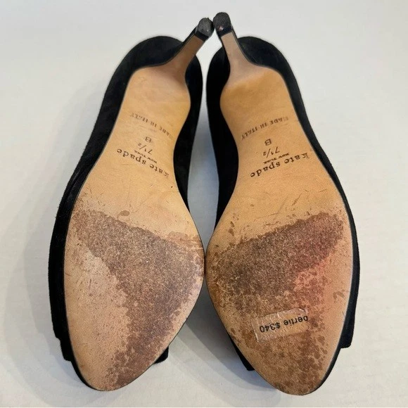 Kate Spade Bertie 露趾高跟鞋 7.5 黑色麂皮绒花朵蝴蝶结经典高跟鞋-