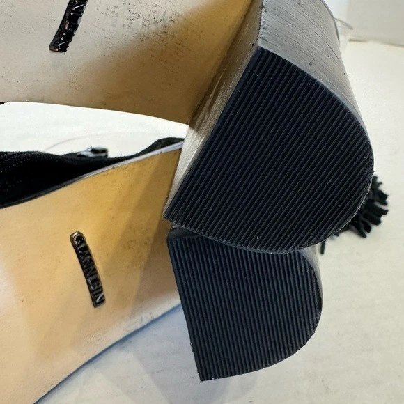 Gianni Bini 黑色 Hadwin 皮革麂皮绒穿孔露趾高跟鞋 7.5 M 码-