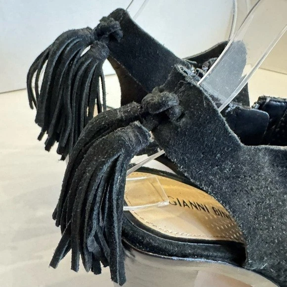 Gianni Bini 黑色 Hadwin 皮革麂皮绒穿孔露趾高跟鞋 7.5 M 码-
