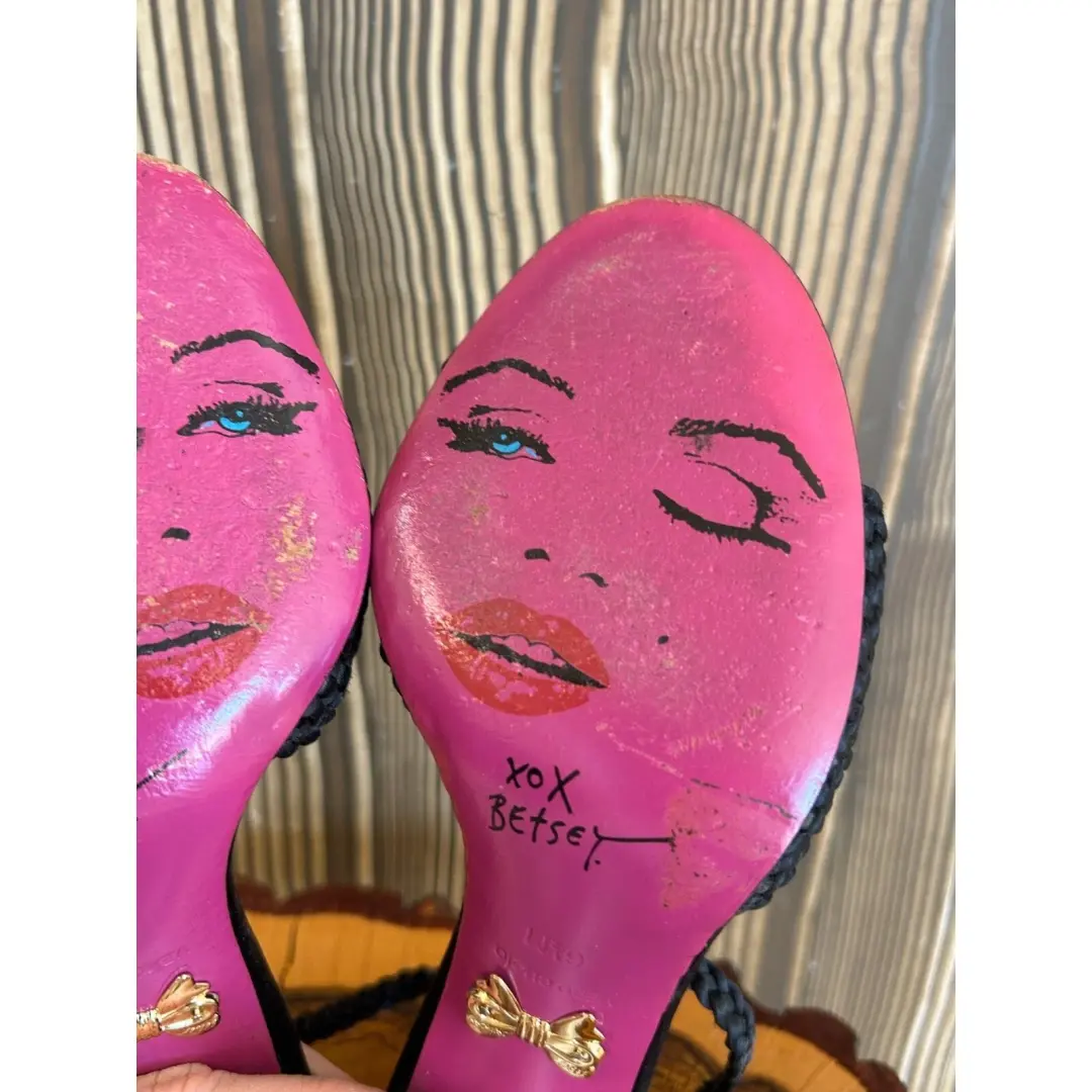 复古 Betsey Johnson 黑色细高跟鞋露趾编织踝带 尺寸 6.5-