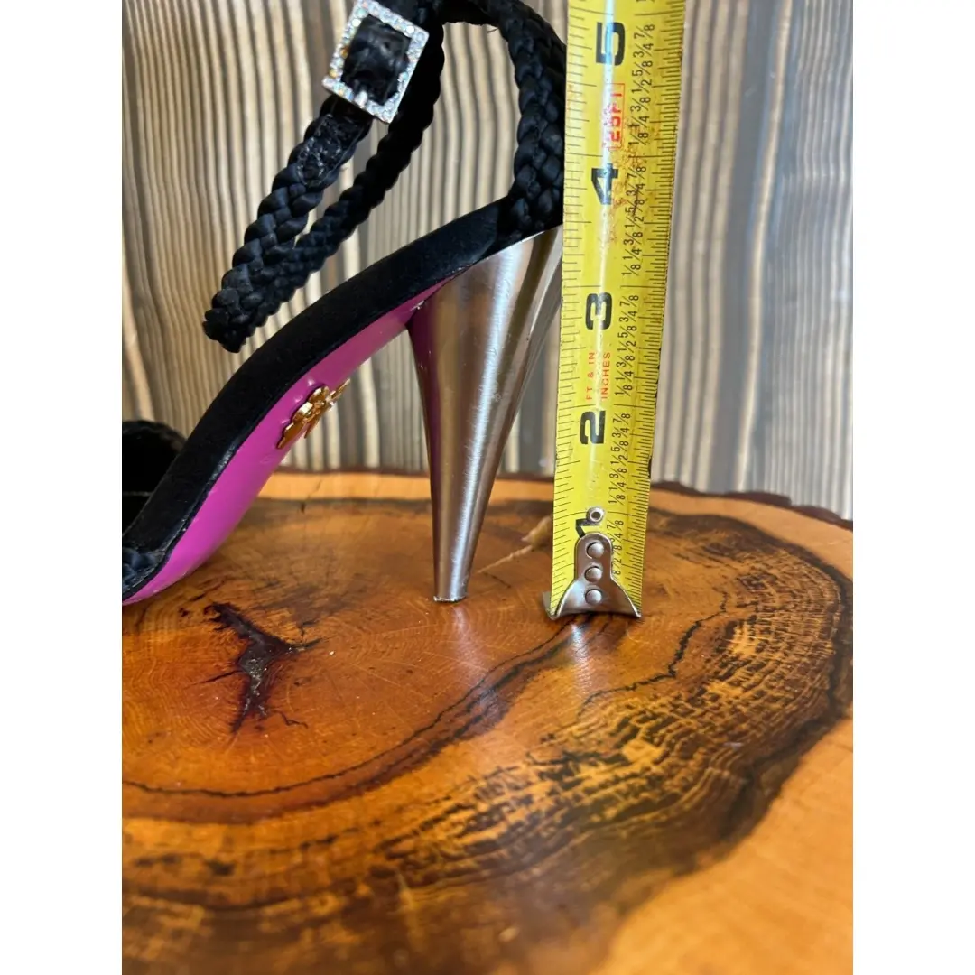复古 Betsey Johnson 黑色细高跟鞋露趾编织踝带 尺寸 6.5-