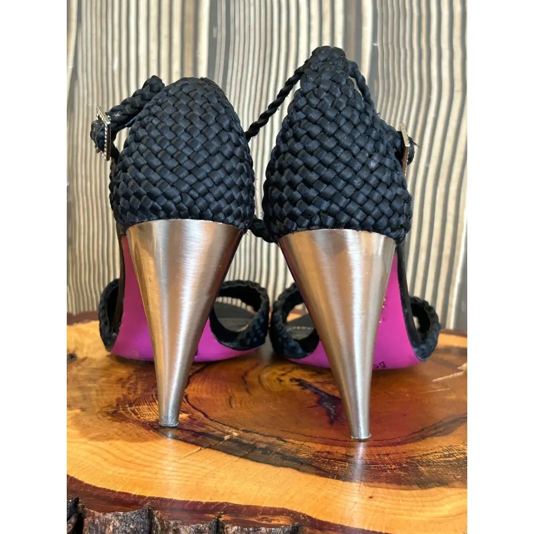 复古 Betsey Johnson 黑色细高跟鞋露趾编织踝带 尺寸 6.5-