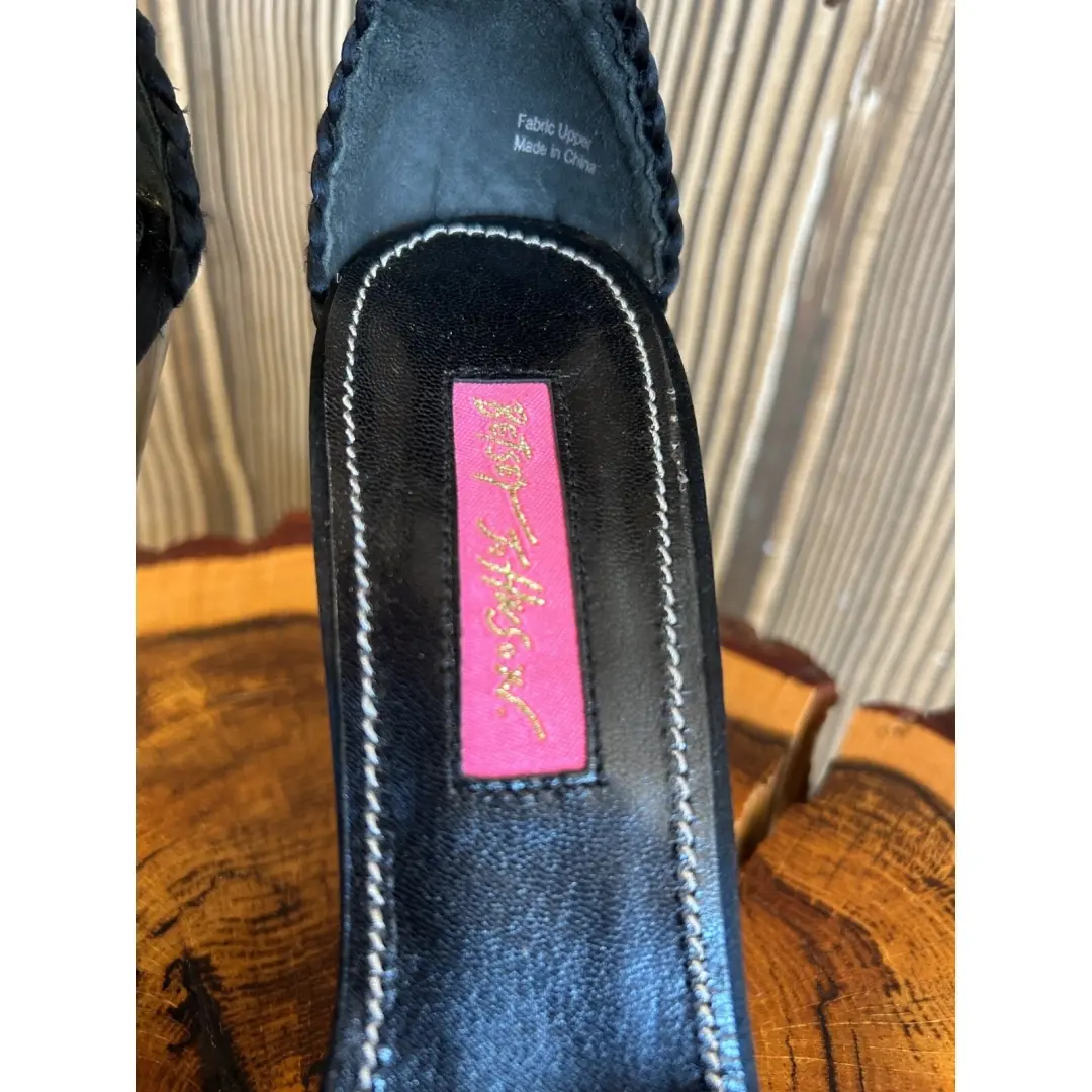 复古 Betsey Johnson 黑色细高跟鞋露趾编织踝带 尺寸 6.5-