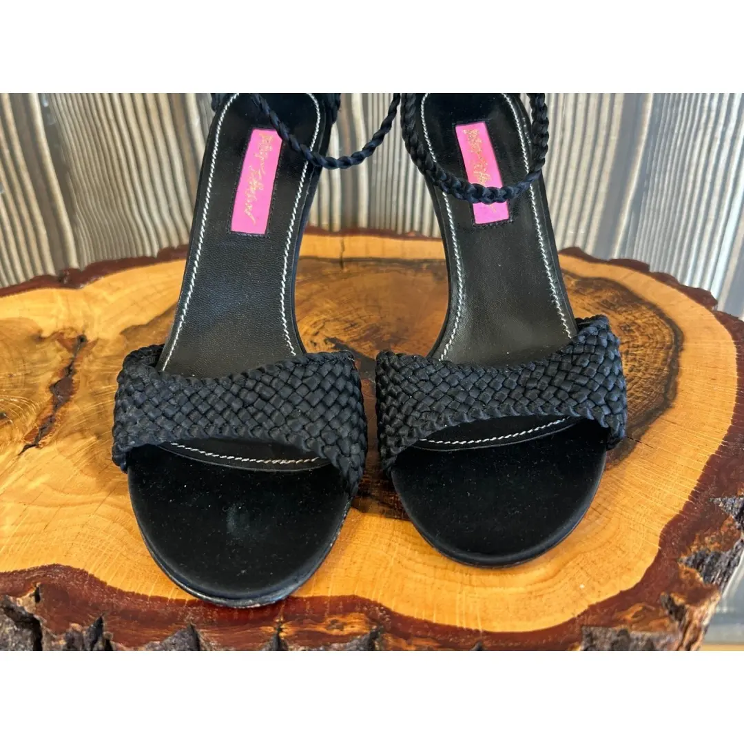 复古 Betsey Johnson 黑色细高跟鞋露趾编织踝带 尺寸 6.5-