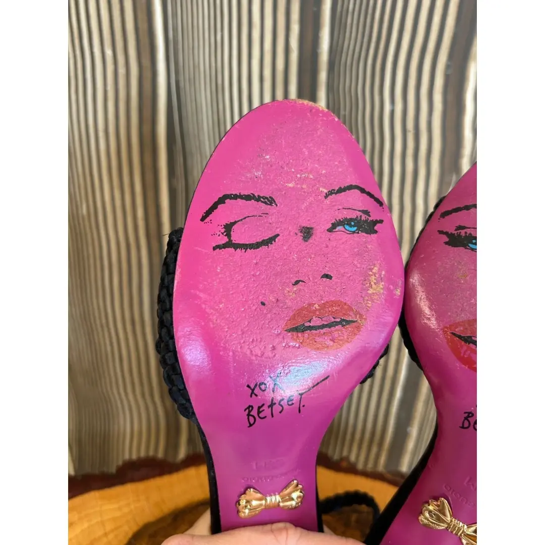 复古 Betsey Johnson 黑色细高跟鞋露趾编织踝带 尺寸 6.5-