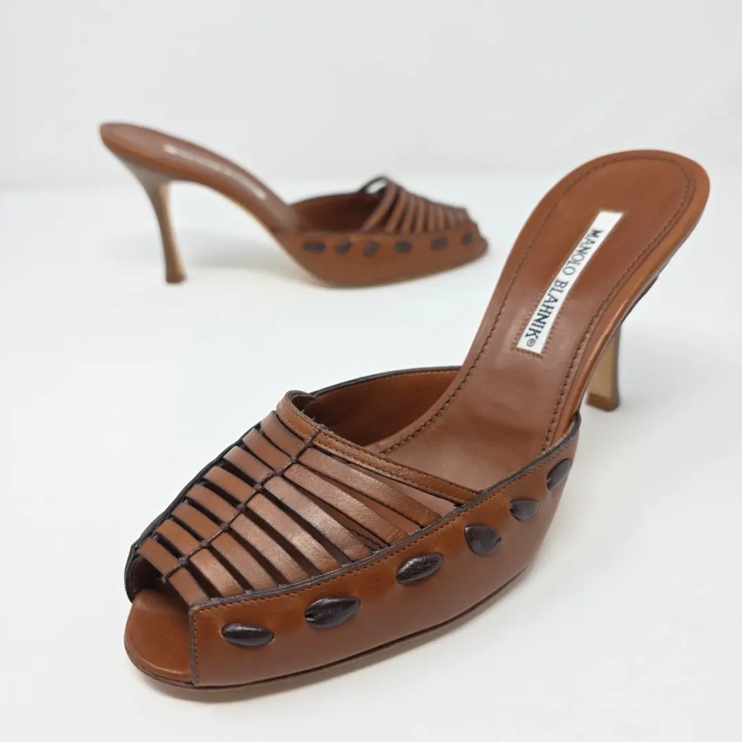 Manolo Blahnik 复古棕色皮革穆勒鞋露趾凉鞋高跟鞋 39.5 美国 9.5-
