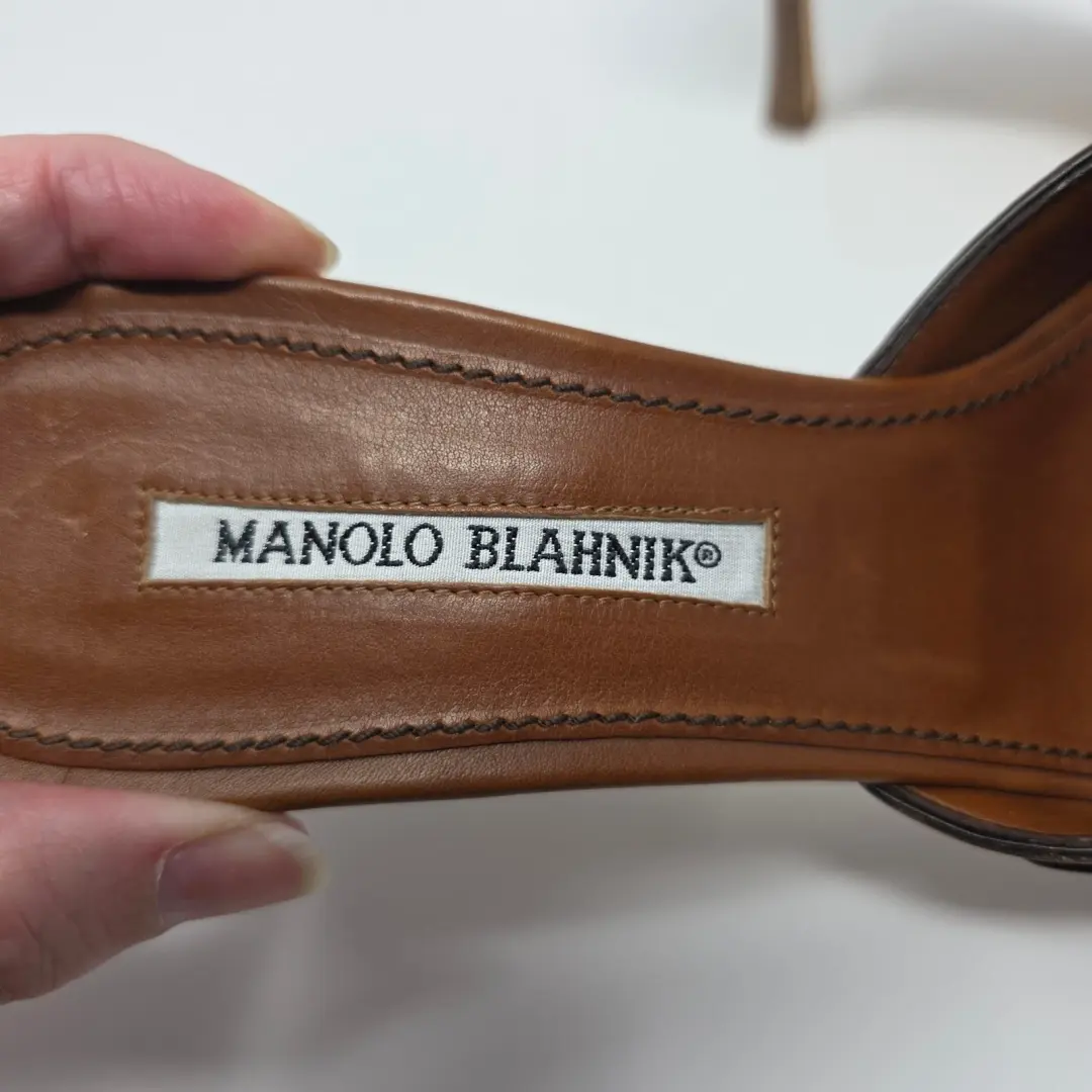 Manolo Blahnik 复古棕色皮革穆勒鞋露趾凉鞋高跟鞋 39.5 美国 9.5-