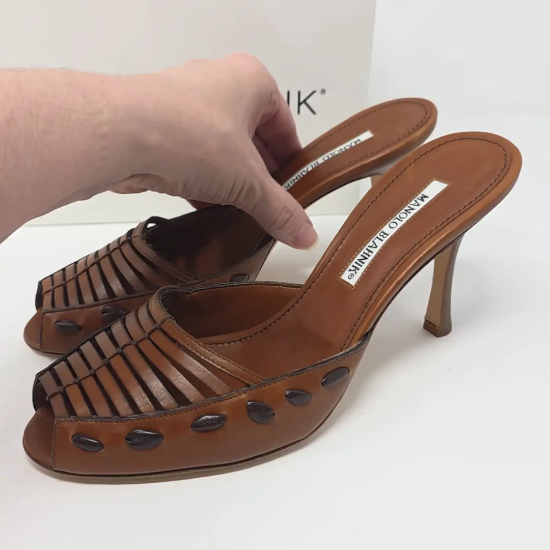 Manolo Blahnik 复古棕色皮革穆勒鞋露趾凉鞋高跟鞋 39.5 美国 9.5-