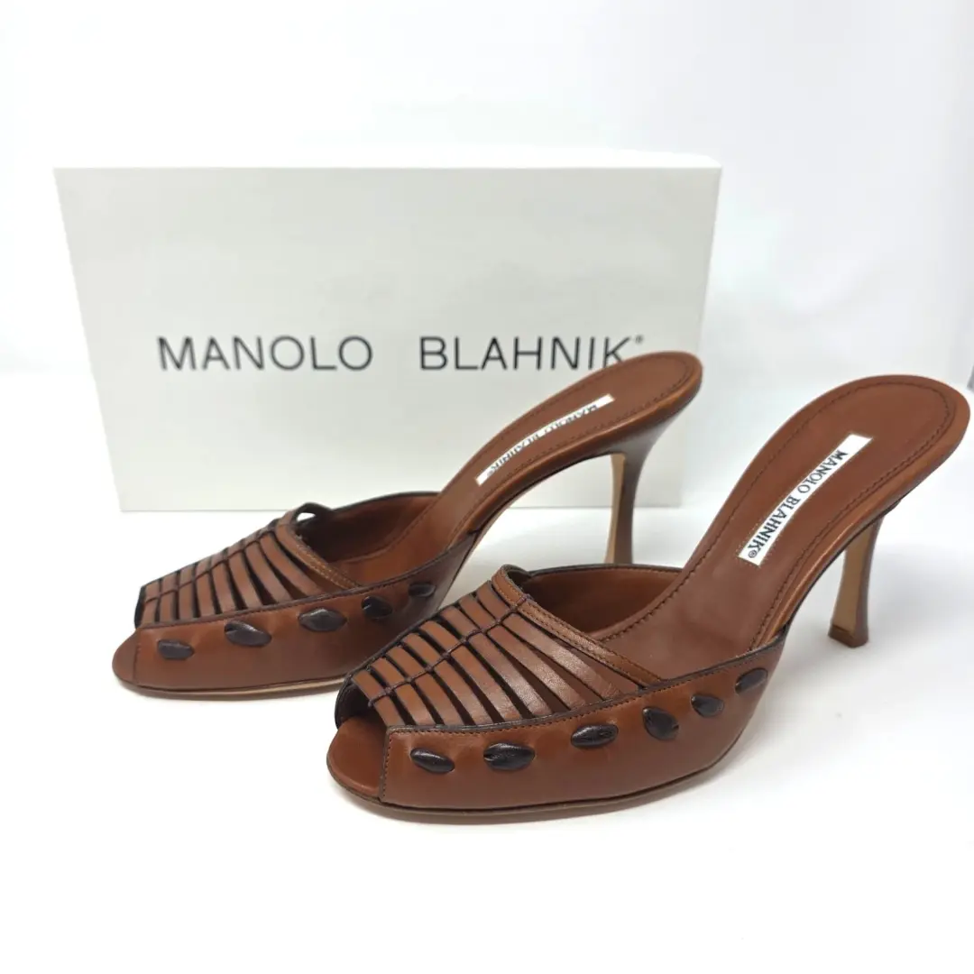 Manolo Blahnik 复古棕色皮革穆勒鞋露趾凉鞋高跟鞋 39.5 美国 9.5-