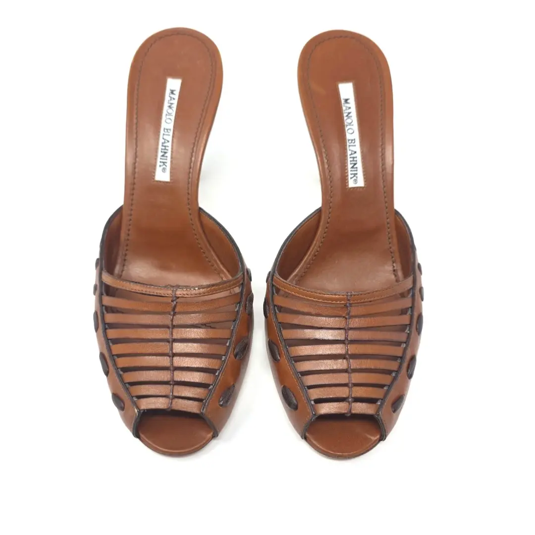Manolo Blahnik 复古棕色皮革穆勒鞋露趾凉鞋高跟鞋 39.5 美国 9.5-