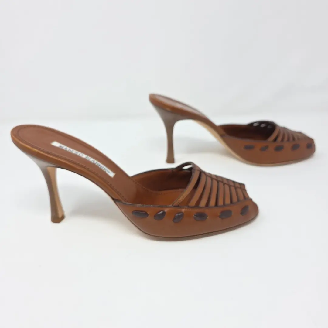 Manolo Blahnik 复古棕色皮革穆勒鞋露趾凉鞋高跟鞋 39.5 美国 9.5-