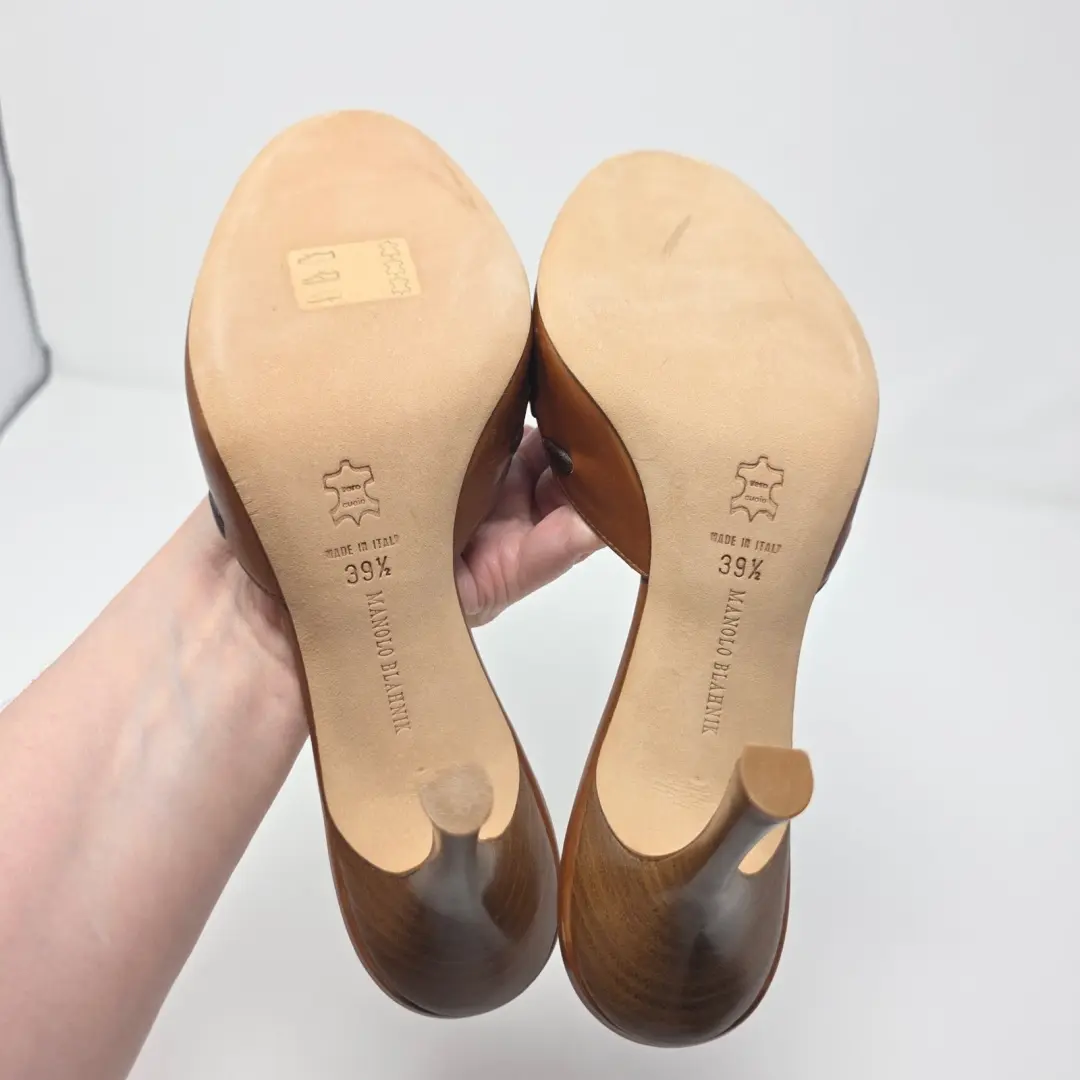 Manolo Blahnik 复古棕色皮革穆勒鞋露趾凉鞋高跟鞋 39.5 美国 9.5-