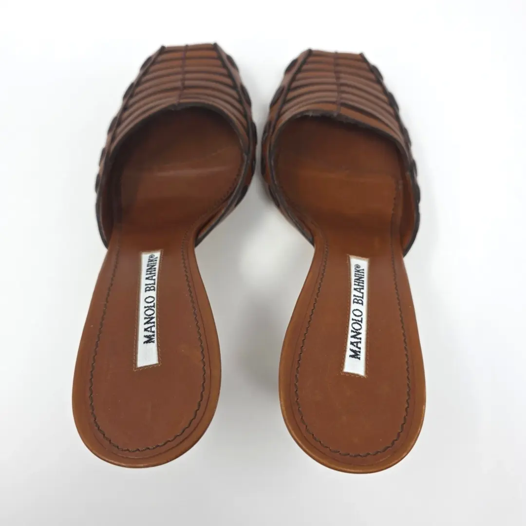 Manolo Blahnik 复古棕色皮革穆勒鞋露趾凉鞋高跟鞋 39.5 美国 9.5-