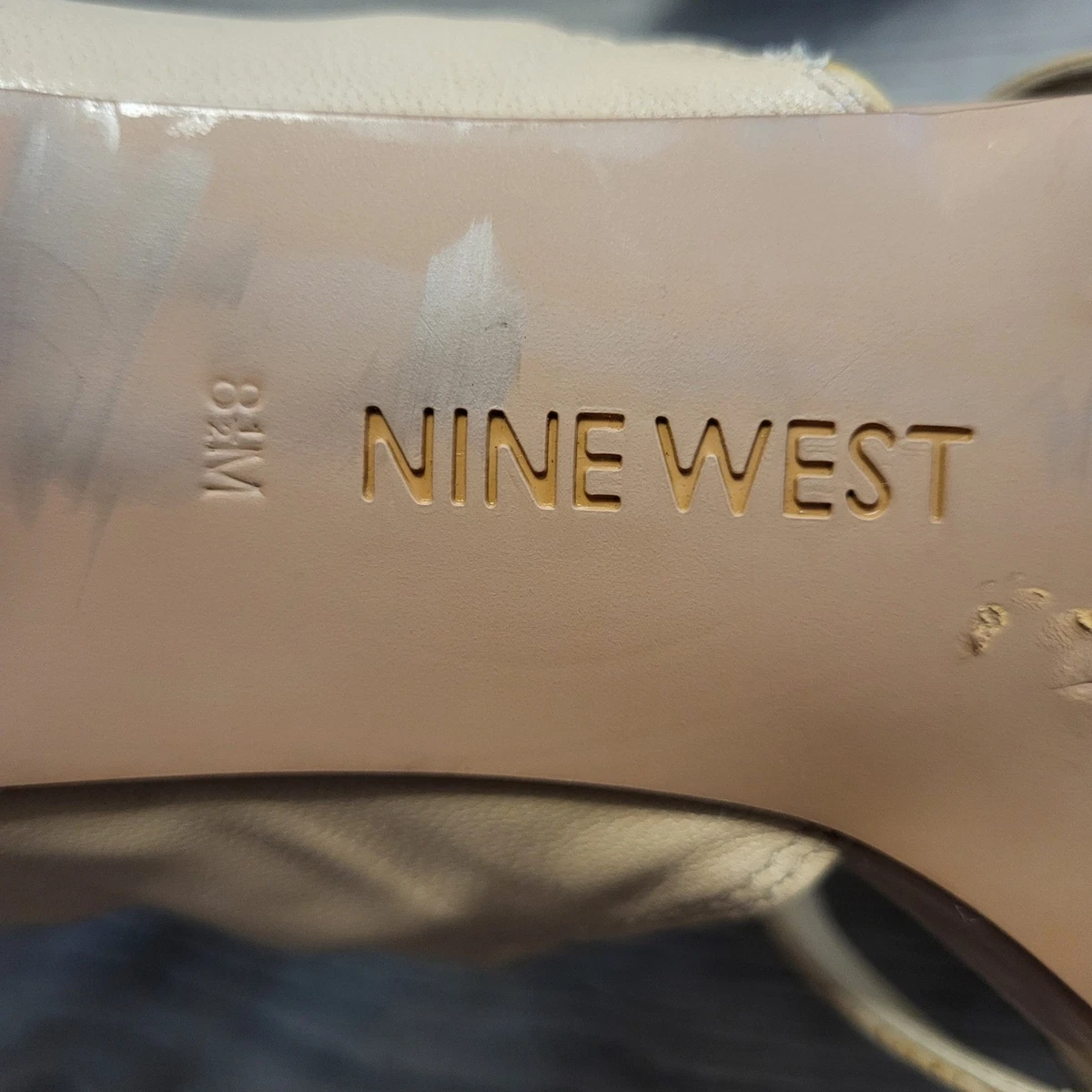 Nine West 绑带笼子高跟鞋凉鞋米色皮革女式 8.5 码-