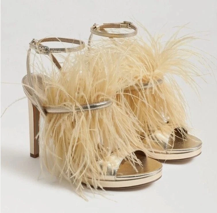 Sam Edelman Jacinta 金色羽毛踝带细高跟鞋 8.5 码-