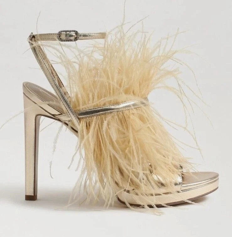 Sam Edelman Jacinta 金色羽毛踝带细高跟鞋 8.5 码-