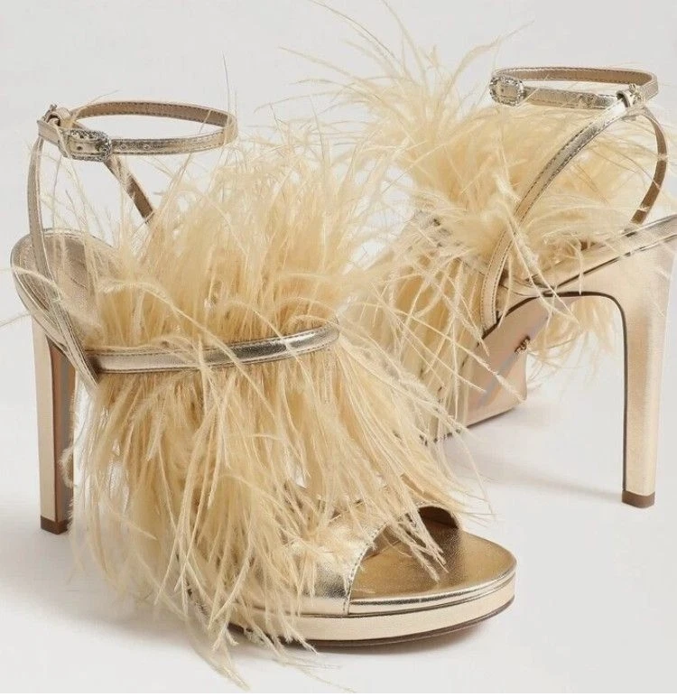 Sam Edelman Jacinta 金色羽毛踝带细高跟鞋 8.5 码-