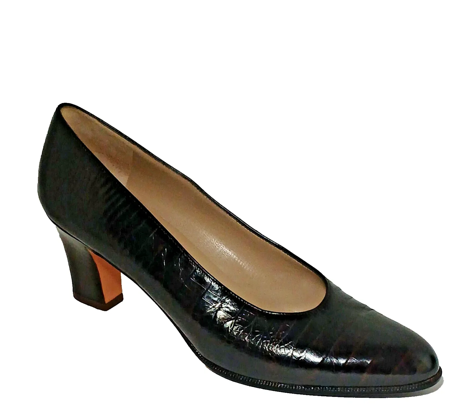 Ferragamo 深棕色鳄鱼浮雕 Leathe 高跟鞋 尺码 8 AA-