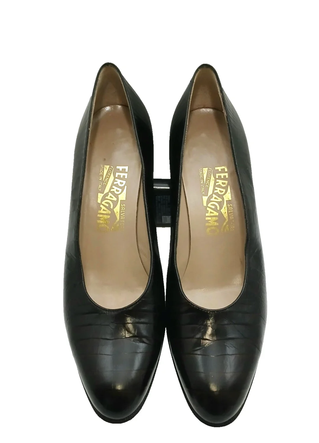 Ferragamo 深棕色鳄鱼浮雕 Leathe 高跟鞋 尺码 8 AA-