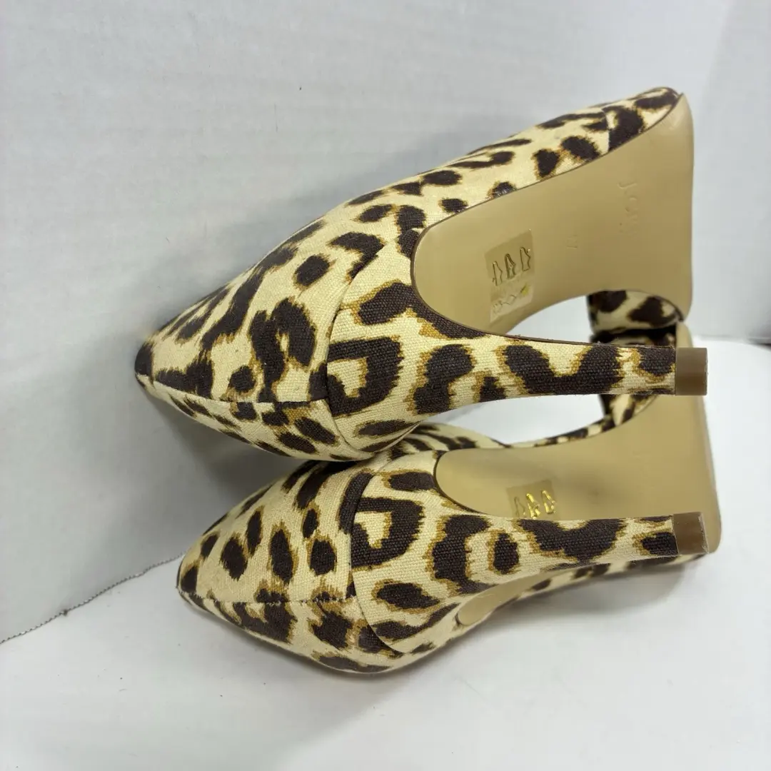 J Crew 豹纹动物印花 D'Orsay 泵 8.5 高跟鞋尖头棕褐色黑色-