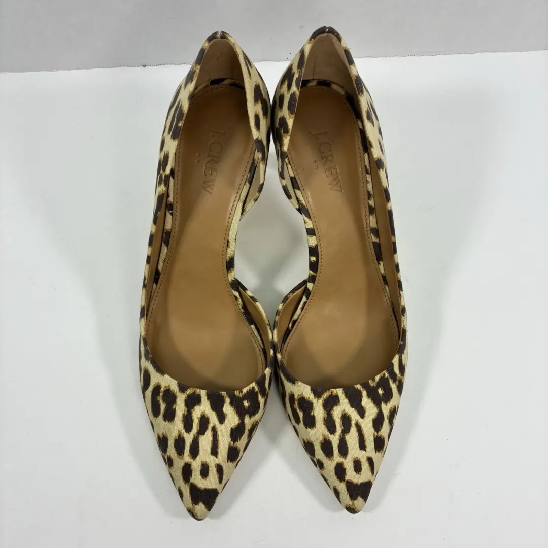 J Crew 豹纹动物印花 D'Orsay 泵 8.5 高跟鞋尖头棕褐色黑色-