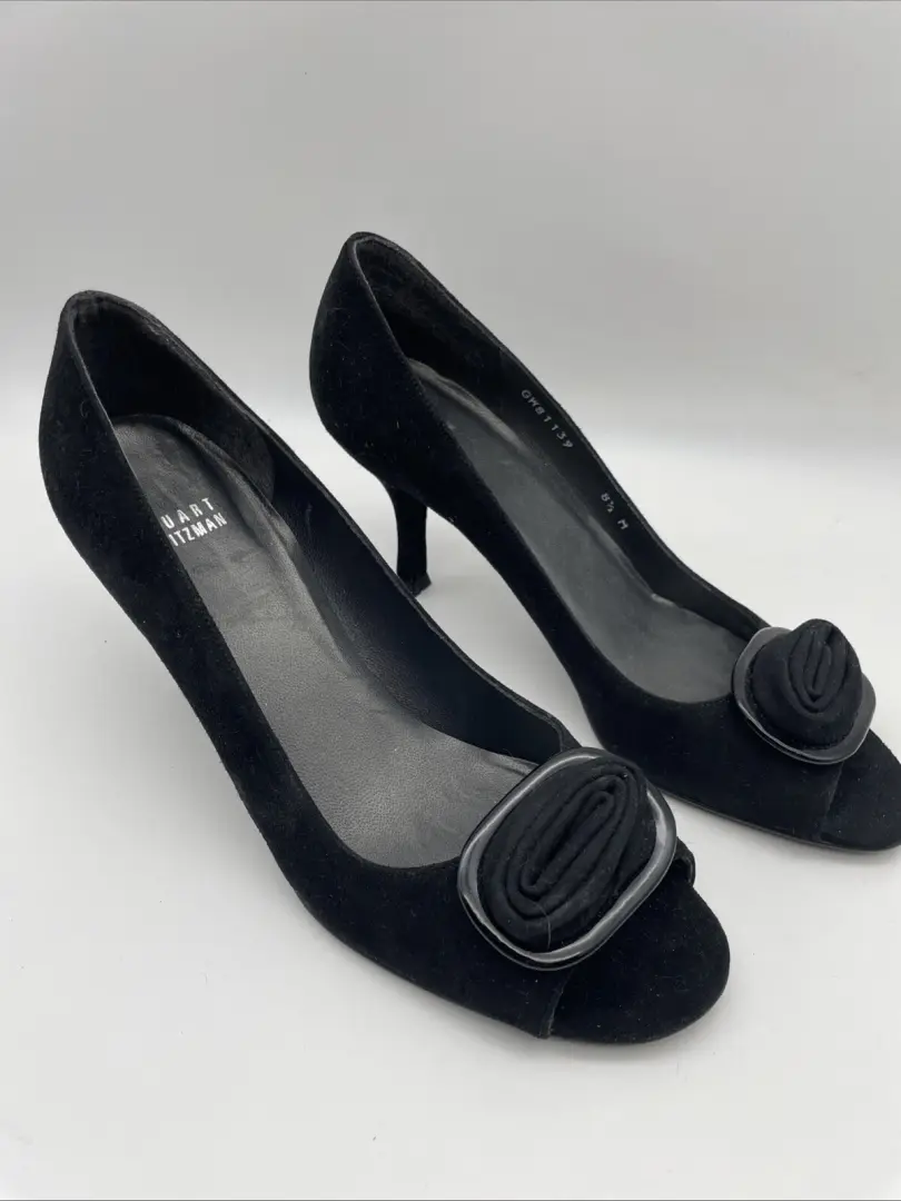 Stuart Weitzman 黑色麂皮绒露趾玫瑰高跟鞋 8.5 M 码-