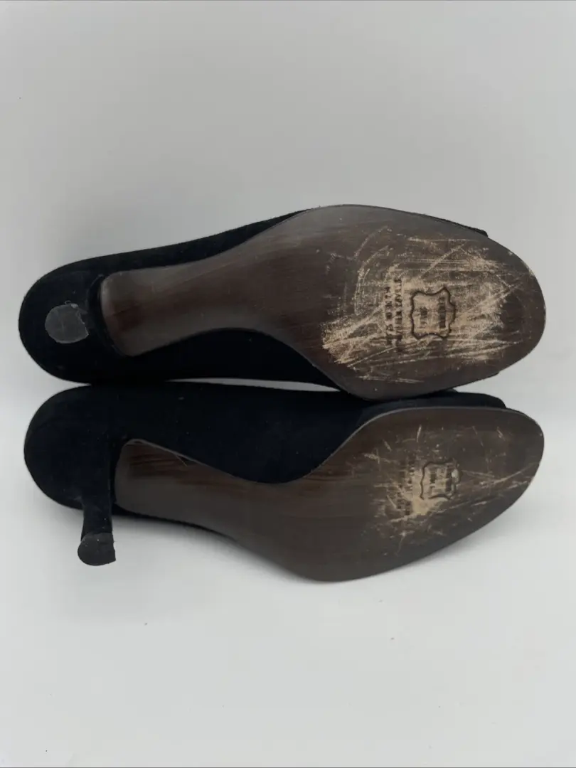 Stuart Weitzman 黑色麂皮绒露趾玫瑰高跟鞋 8.5 M 码-