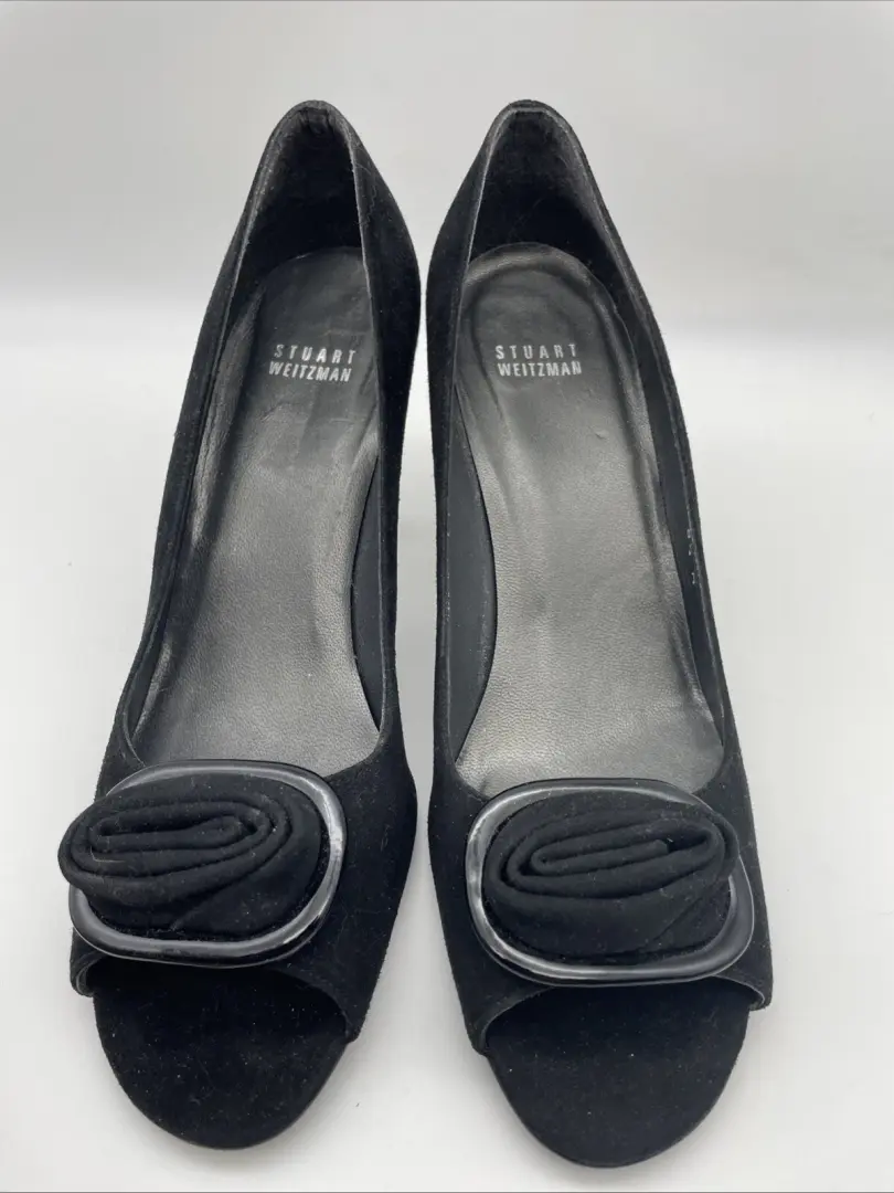 Stuart Weitzman 黑色麂皮绒露趾玫瑰高跟鞋 8.5 M 码-