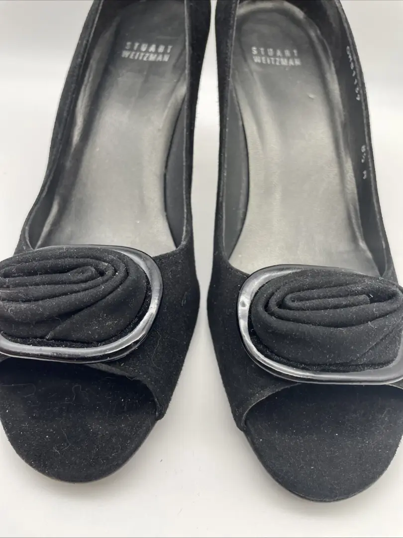 Stuart Weitzman 黑色麂皮绒露趾玫瑰高跟鞋 8.5 M 码-
